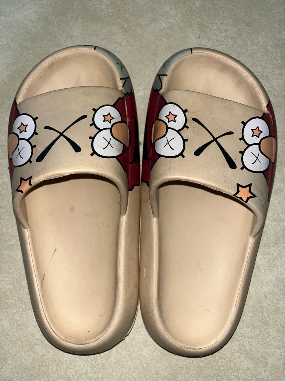 Beige Slide Sandals with Red Cartoon Accents